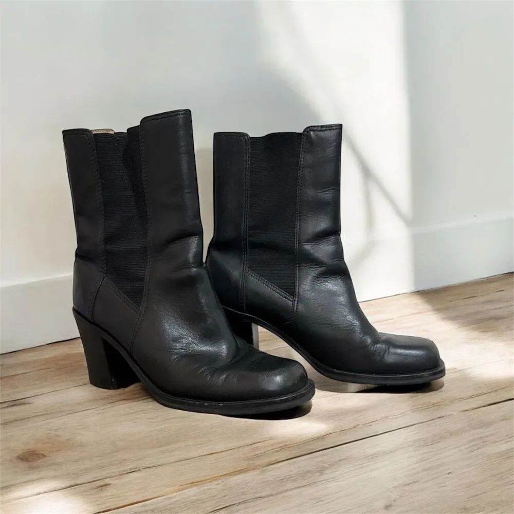 MIA Black Square Toe Leather Chunky Boots 8 Retro